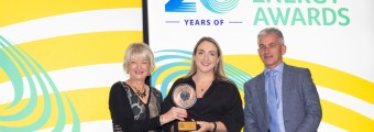 L-R: Marion O’Brien, Director of Corporate Services at SEAI presenting the Excellence in Energy Research and Innovation Award to Laura McMahon and Daniel Ring; of Lawler Sustainability at SEAI Energy Awards 2023