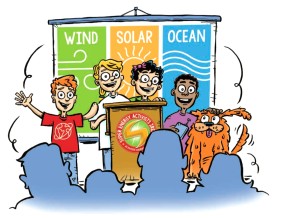 An animation of children discussing wind, solar and ocean energy