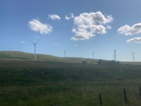 wind turbines in a field with clouds