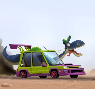 Dinosaur driving a car with black smoke coming out the back of it