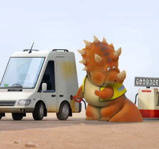 A dinosaur filling up his car with diesel