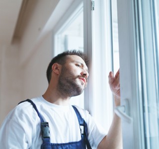 A man looking through a window in his home