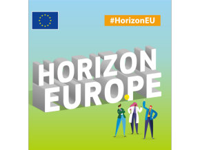 Horizon Europe logo, green to blue gradient with capital letters 