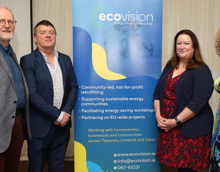 From left Ecovision Chairman, Tom Golden; Ecovision General Manager, Máirtín Ó Mealóid; Previous SEAI Sustainable Energy Community Programme Manager Ruth Buggie; and EcoVision Community Energy Project Coordinator, Marcella Maher-Keogh.