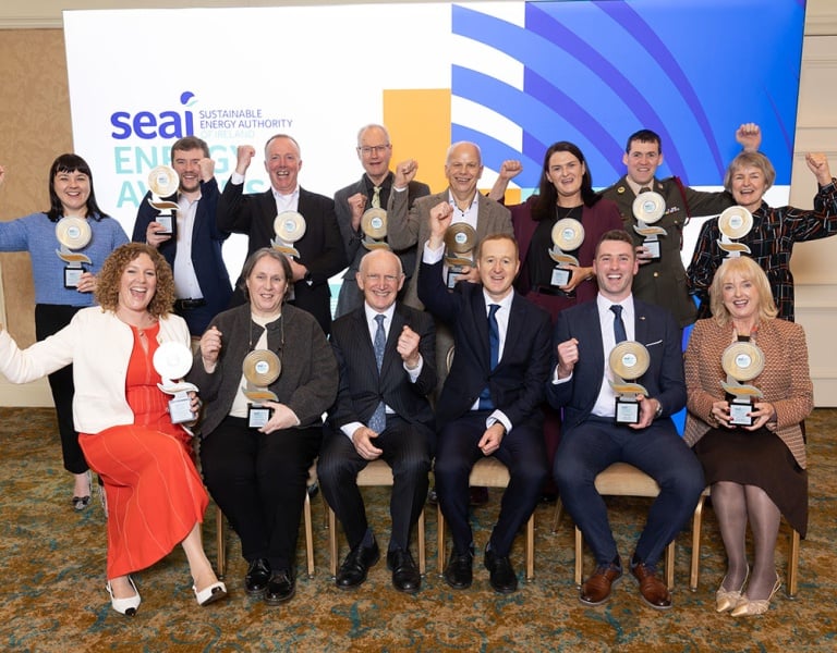 The winners of the SEAI Energy Awards 2025 holding their trophies and smiling.