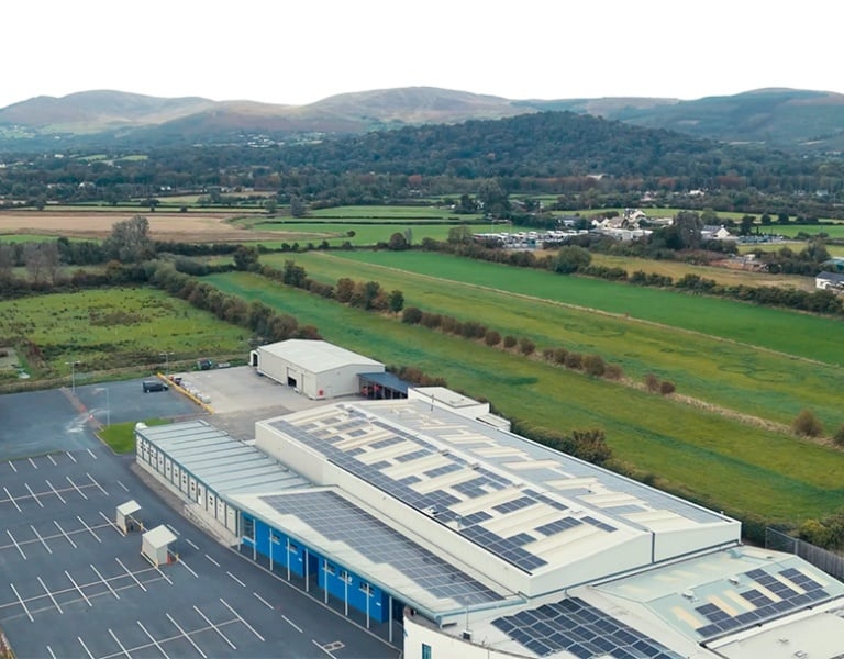 Aerial view of solar panels on roof at Bellurgan Precision Engineering Ltd.