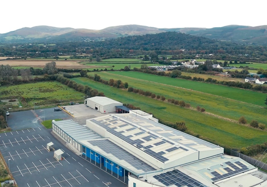 Aerial view of solar panels on roof at Bellurgan Precision Engineering Ltd.