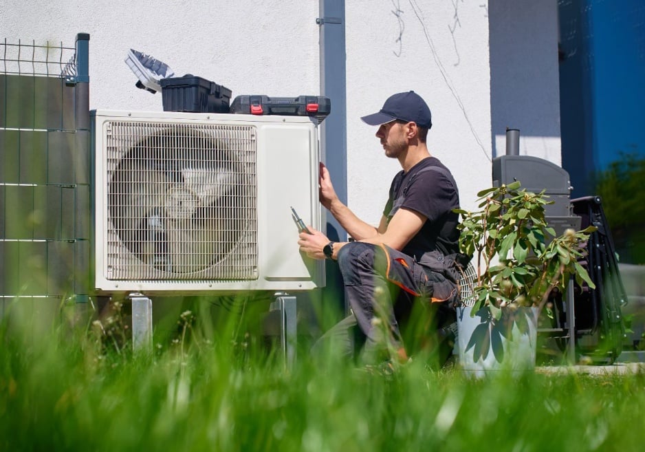 A man installing a heat pump unit outside a house