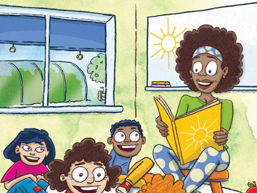 Cartoon image of teacher reading book to students.