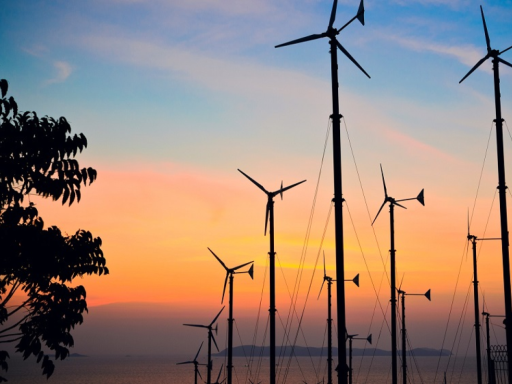 Wind turbines at dusk