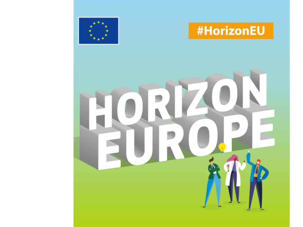 Horizon Europe logo, green to blue gradient with capital letters