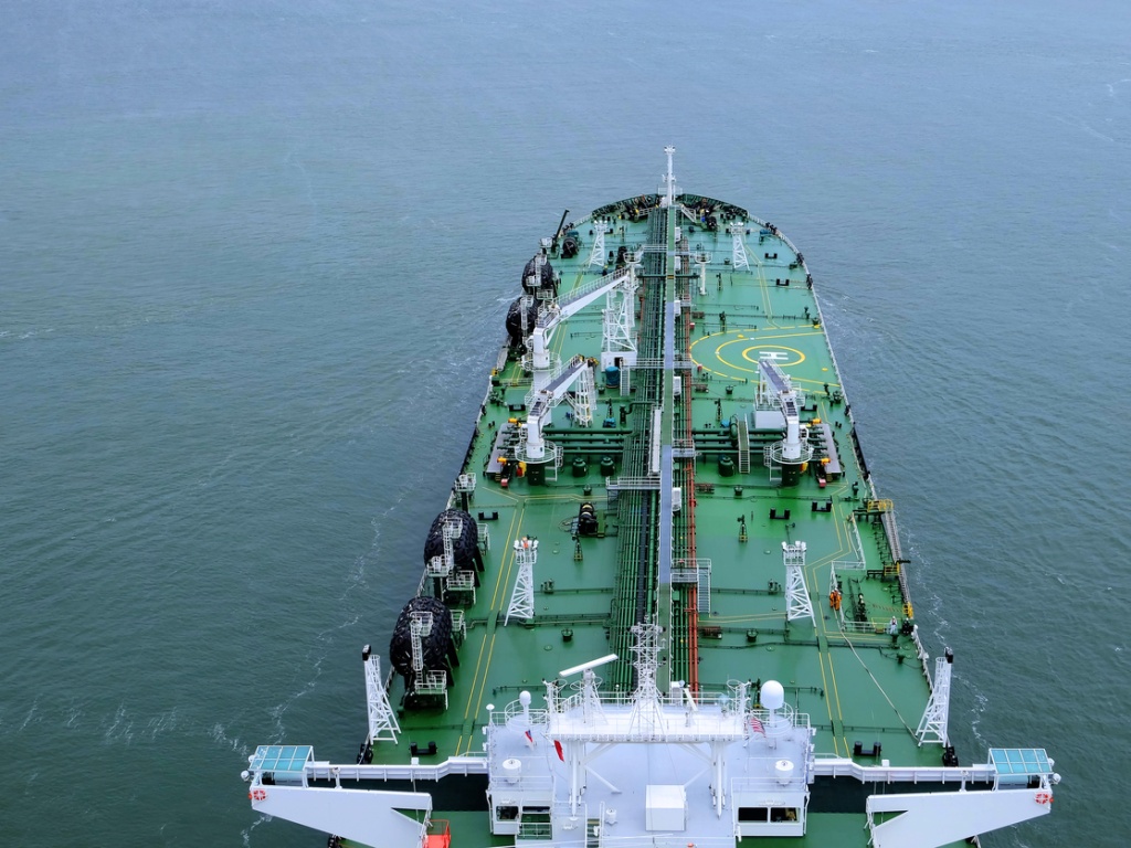 aerial view of an oil tanker at sea